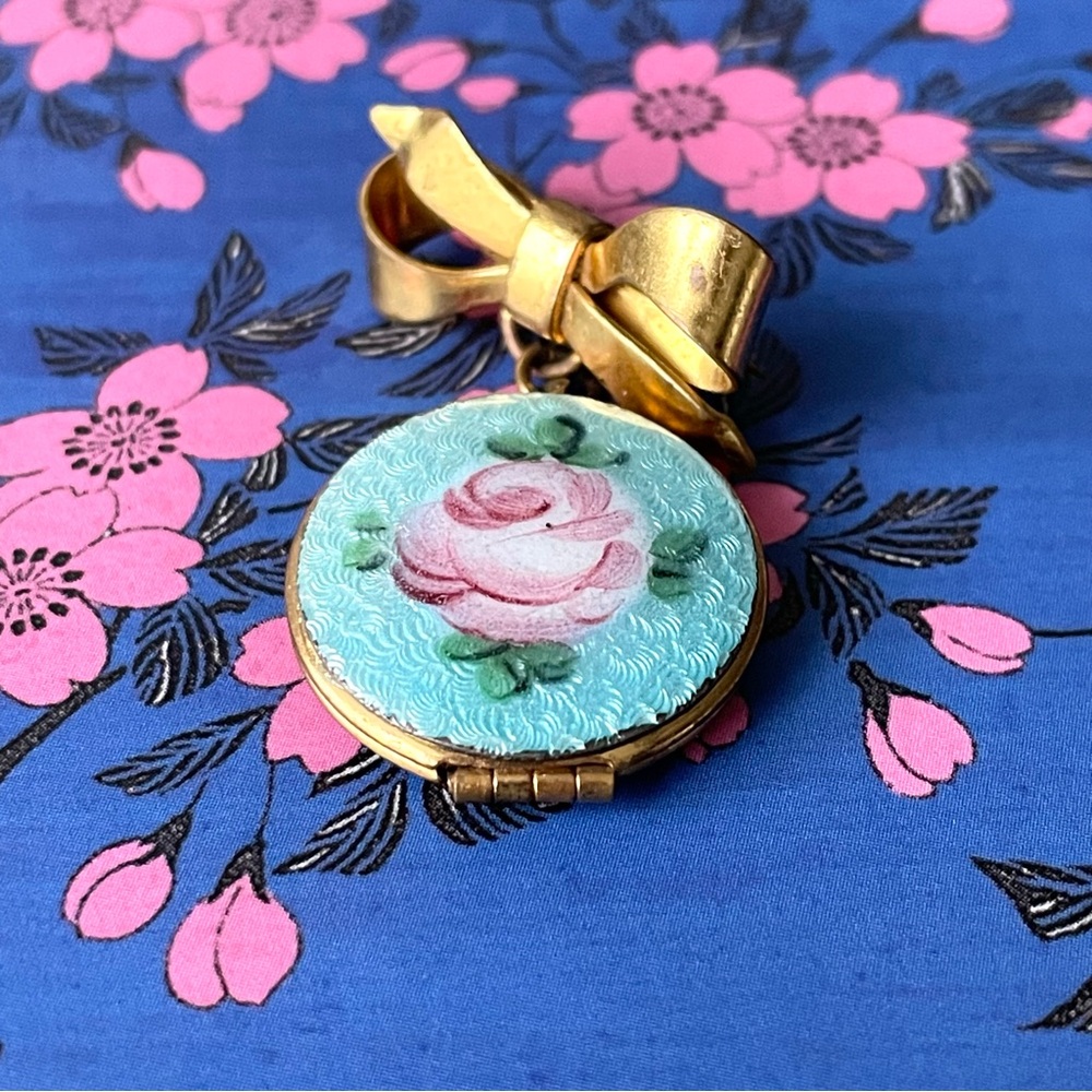 Vintage blue guilloche enamel & goldtone bow locket brooch pin romantic rose - Picture 3 of 8